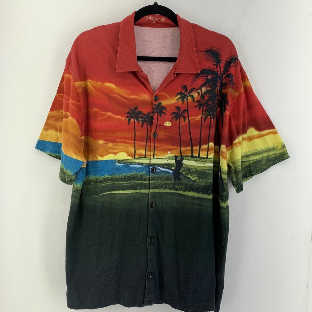 Chillwear Mens XL Golf Sunset Tropical Hawaiian Camp Shirt Dad Beachy Vacation